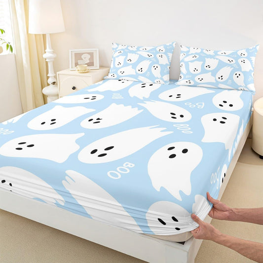 Kawaii Cute Ghost Bedding Set Twin Size Light Blue Watercolor Bed Set for Teens Bedroom Decor Kids Sheet Microfiber Halloween Trick or Treat Bed Cover(1 Fitted Sheet+1 Pillow Case)