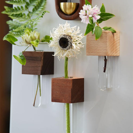 Mini Vase Magnets for Fridge,3 Sets Wooden Vase Plant Magnetic Holders with Glass Test Tube for Refrigerator Decoration Kitchen Locker Office