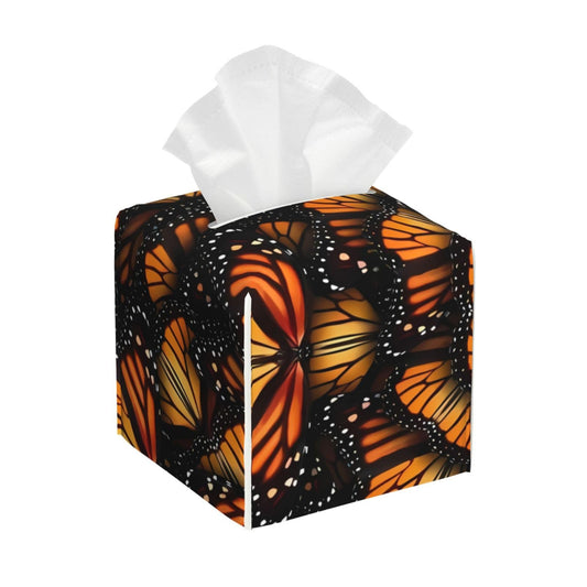 Tissue Box Cover Orange Monarch Butterflies Modern PU Leather Square Tissue Box Holder - Decorative Holder/Organizer for Bathroom Vanity Countertop, Night Stands, Office Desk & Car 5"X5"X5"