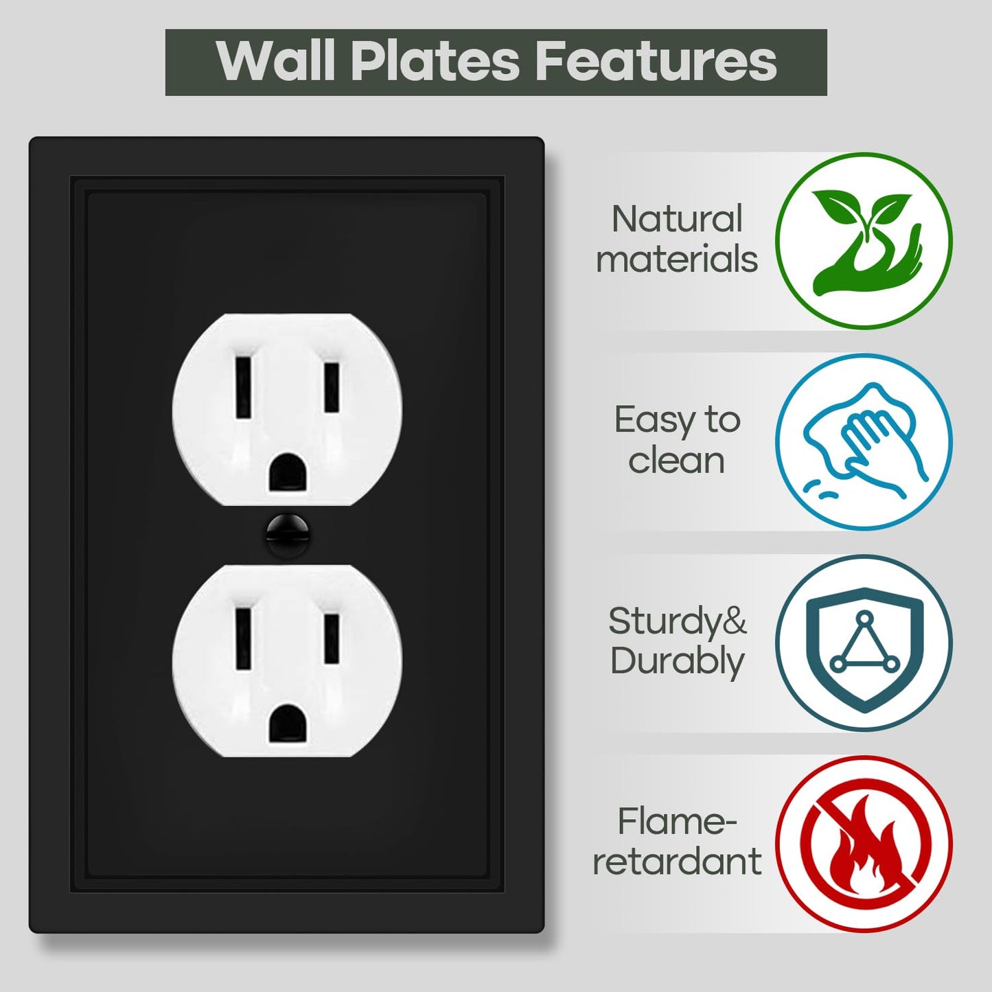Matte Black Decorative Outlet Cover Wall Plates, Classic Switch Plates and Outlet Covers, Natural Bamboo Fiber Wall Plates for Electrical Outlets, Duplex Receptacle Cover - 4 Pack
