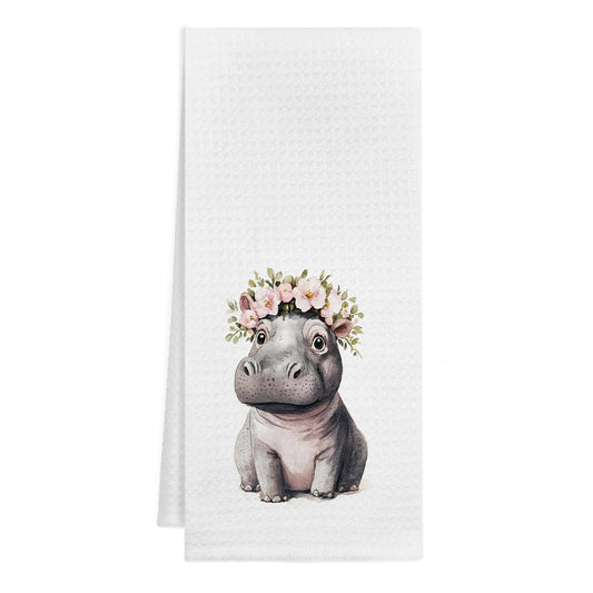 KAOWT Floral Hippo Kitchen Towels, Kids Bathroom Decor, Cute Baby Hippopotamus Decorative Hand Towel for Kids Bathroom Decor, Hippo Gifts for Women Dish Tea Towels for Kitchen Decor, 16x24 Inch