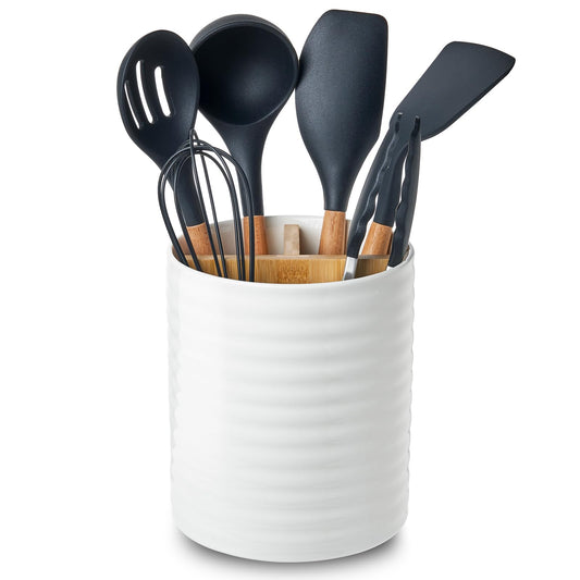 Meichu Utensil Holder, White Ceramic Utensil Holder for Countertop, 7.2" Large Cooking Utensil Crock for kitchen counter with Divider Board, Morden Countertop Organizer for Spatula, Kitchen Decor
