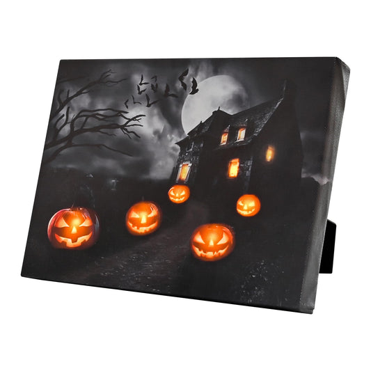 Framed LED Lighted Canvas Pictures with Timer, Vintage Halloween Canvas Wall Art for Home Sidedesk Tabletop Wall Decor, Pumpkin Raven Bats Painting Print 8x6 IN
