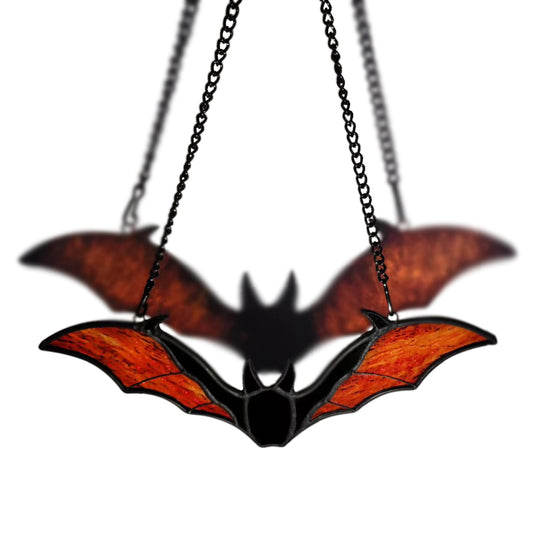 Bat Stained Glass Sun Catcher Window Hanging, Handmade Translucent Decorative Art, Halloween Home Decor (red)