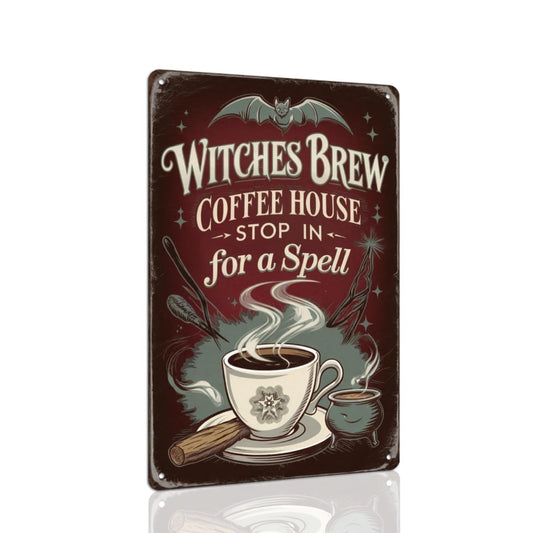 Witches Brew Coffee House Metal Tin Sign Halloween Wall Decor For Kitchen, Living Room, Coffee Shop, Halloween Party Vintage Style Decorative Signs & Plaques 8x12 Inch