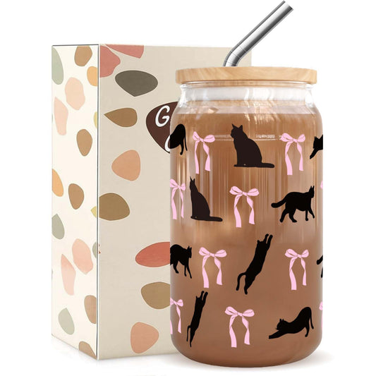 RVEAFA Cute Cat and Bows Iced Coffee Cup Halloween Glass Tumbler Gifts for Women Cat Lovers Gifts for Birthday Halloween Christmas Day, 16oz Glass Cups with Lids and Straw