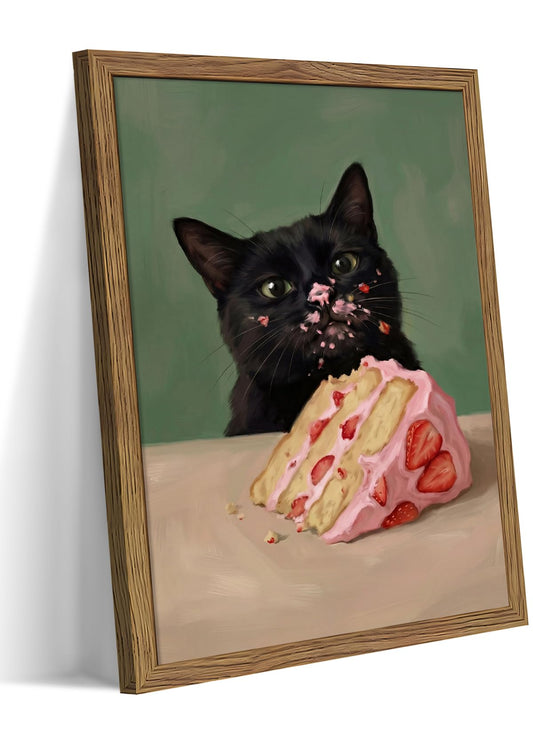 Framed Funny Cat Wall Art, Vintage Black Cat Eating Strawberry Cake Canvas Wall Decor Painting, Whimsical Cute Animal Artwork Poster Print Picture for Kitchen Dining Room Living Room 12x16 Inch