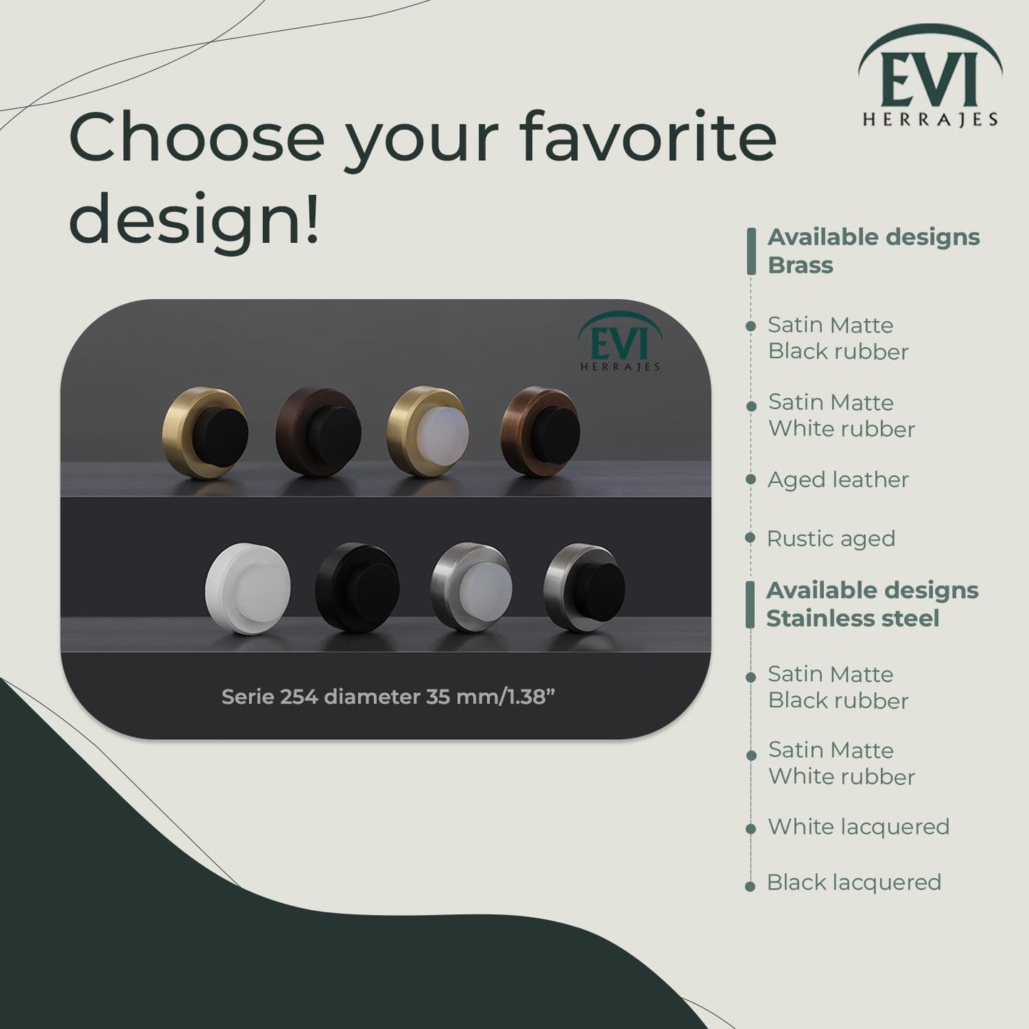 EVI Herrajes | Wall Door Stop | 1,37x0,7" | Satin Matte Brass | Adhesive + Screw-in | Anti Shock Door Handles | Design and Functionality | I-254/35-LMT