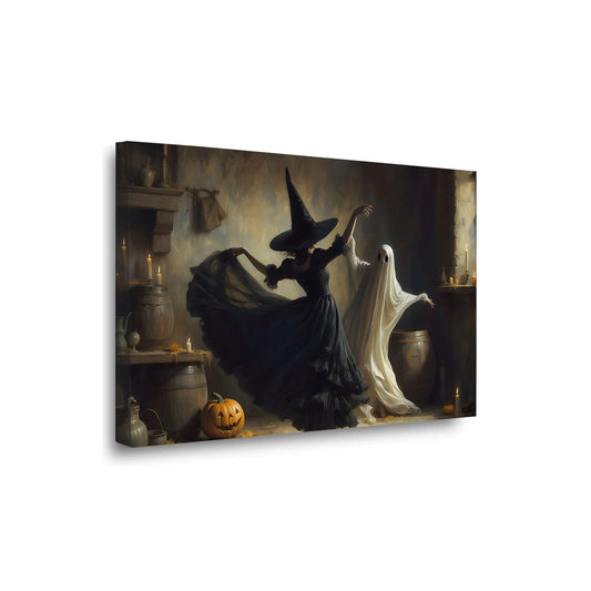 Framed Halloween Witch Wall Art, Moody Halloween Ghost and Witch Dancing, Rustic Print, Vintage Style Indoor Decor for Home Offices Living Room Bedroom Dining Room farmhouse