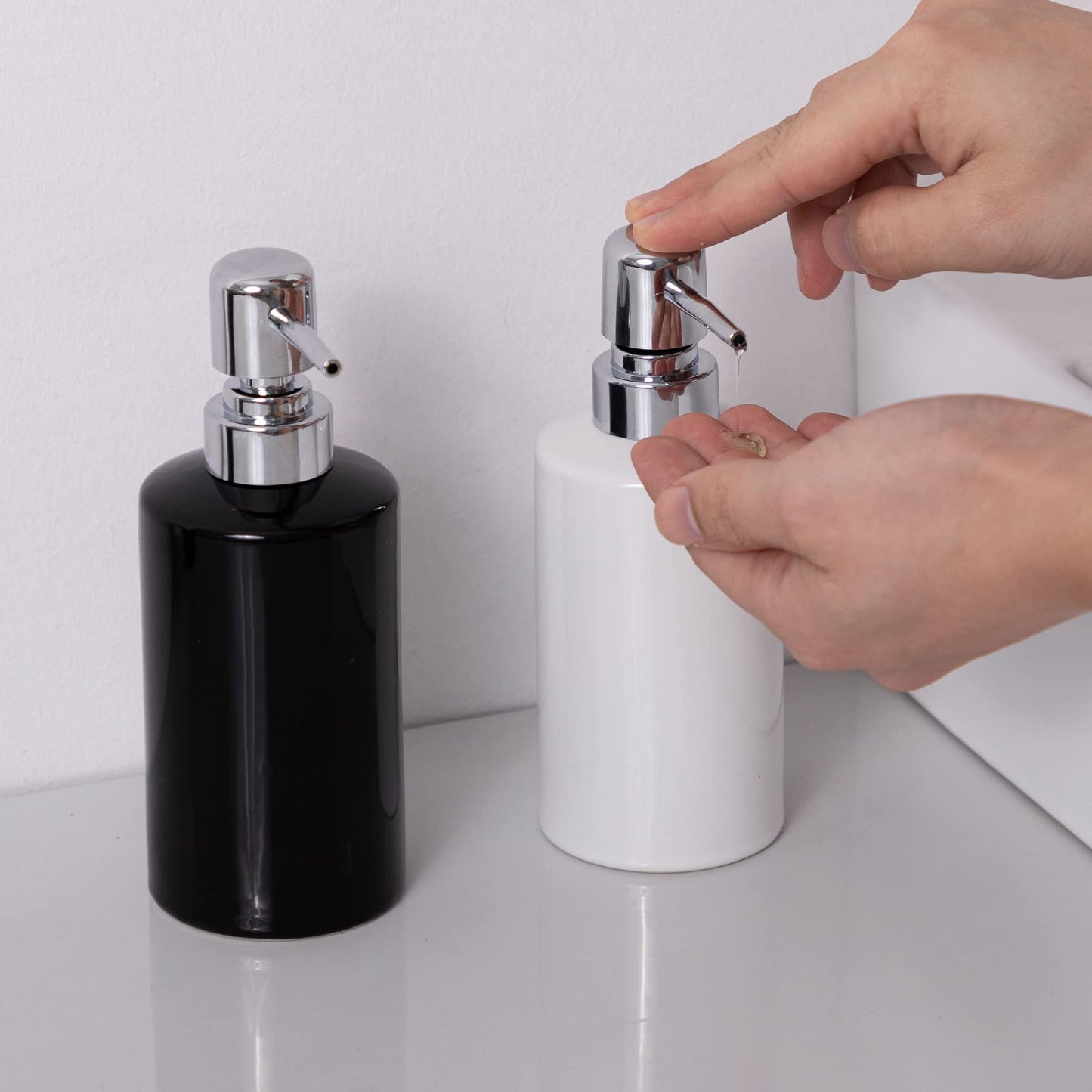 FE Soap Dispenser, 300ml/10oz Ceramic Liquid Soap Pump Dispenser, Refillable Dish Soap Dispenser for Kitchen Bathroom Washroom (White, 2 Pack)