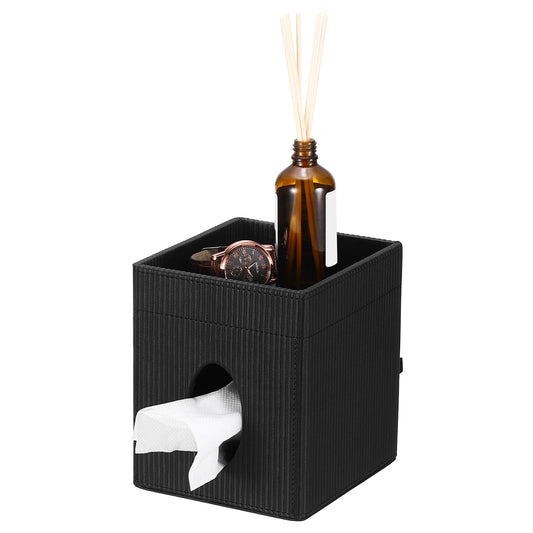PATIKIL Tissue Box Cover Square with Storage Tray, 6.1x6.5x5.5 PU Leather Decorative Organizer Tissue Box Holder for Bathroom Vanity Countertop Bedroom Home Office Night Stand, Black
