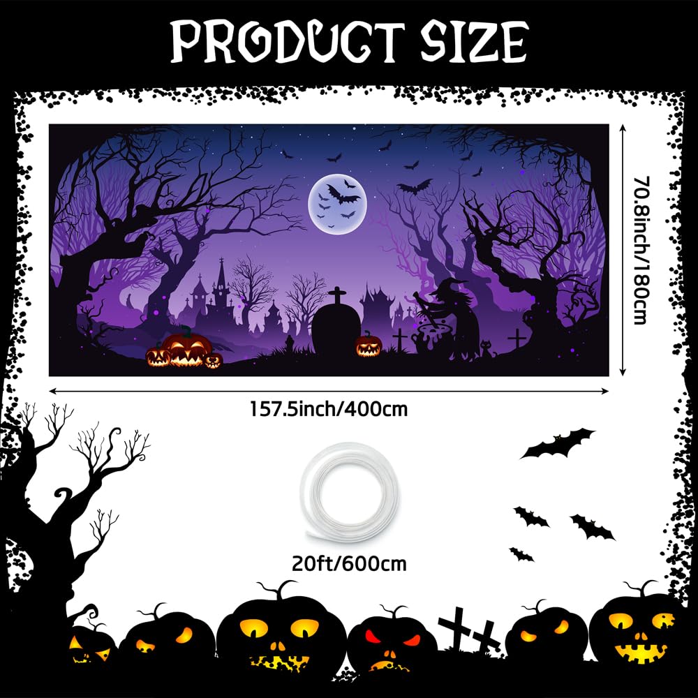 Lofaris 6x13ft Halloween Garage Door Cover Banner Purple Night Bat Full Moon Witch Graveyard Glowing Pumpkin Decor Outdoor Indoor Spooky Party Wall Window Yard Photography
