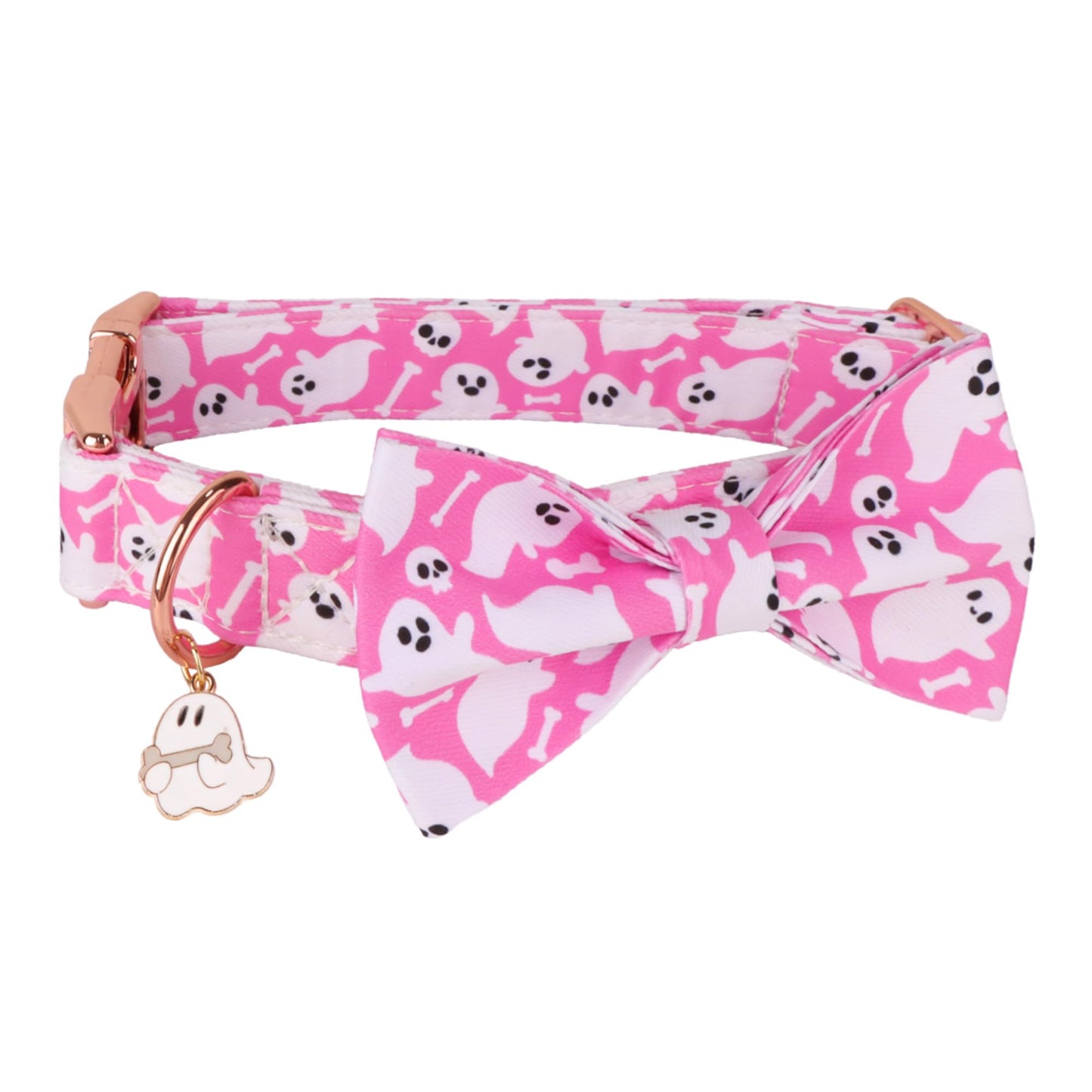 ADOGGYGO Pink Halloween Dog Collar with Bow Tie, Detachable Ghost Pet Bowtie, Metal Buckle, Adjustable Pink Halloween Collars for Small Dogs Girl (Small)