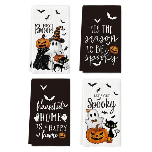 Artoid Mode Ghost Pumpkins Bats Cat Hey Boo Halloween Kitchen Towels Dish Towels, 18x26 Inch Jack-O'-Lantern Decoration Hand Towels Set of 4
