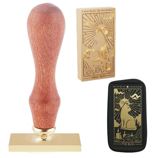 Hobbspring 1pc Cat Wax Seal Stamps Rectangle Sun Sealing Wax Stamp Vintage Tarot Card Seal Stamp 45x23mm Removable Brass Stamp Head with Wooden Handle for Wedding Envelopes Back to School Decor