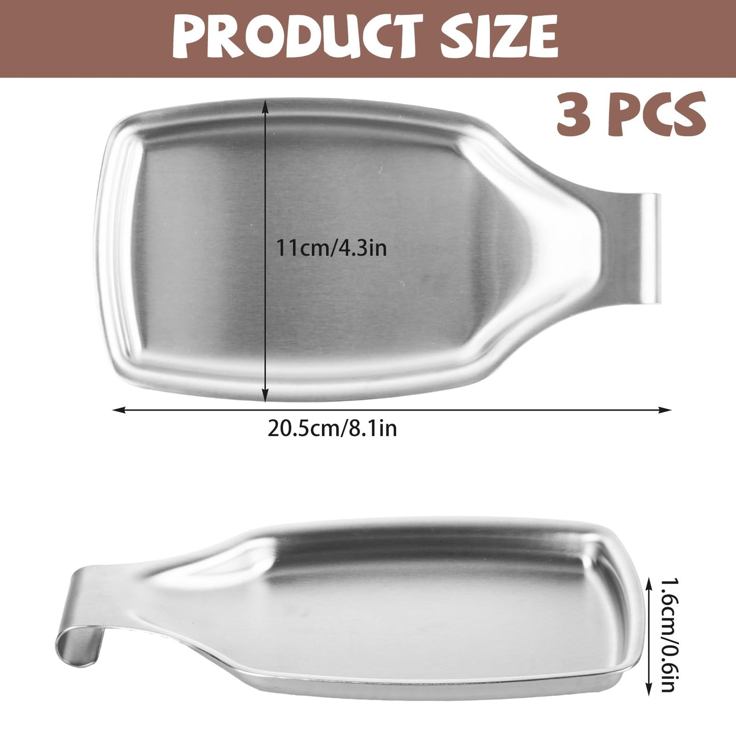 Ghligna 3Pcs Spoon Rest for Stove Top, 304 Stainless Steel Spoon Rest for kitchen counter, Ladles, Tongs, Spatula, 8.1 x 4.3 x 0.6 Inch
