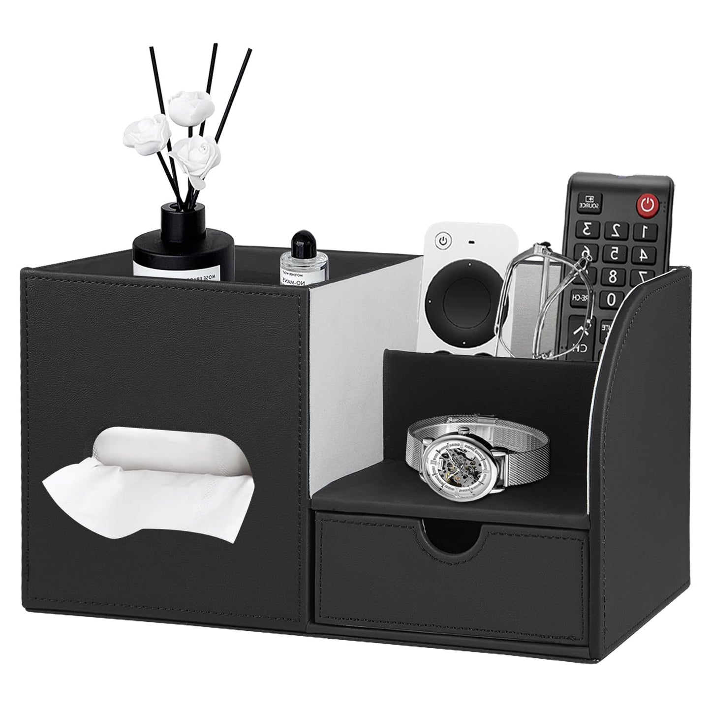 Leather Nightstand Organizer with Tissue Holder,Square Tissue Box Cover with Organizer, Decorative Modern Facial Paper Storage Box for Bathroom Living Room Vanity Table Countertop Office Black