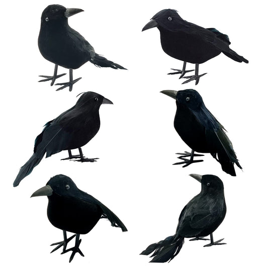 6 Pieces Halloween Black Feathered Crows - Realistic Handmade Ravens for Indoor Outdoor Decoration, 3 Styles