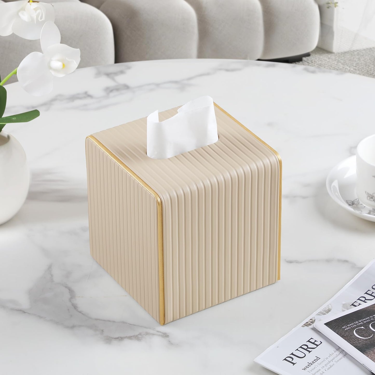 Square PU Leather Tissue Box Cover with Magnetic Closure, Decorative Tissue Holder & Storage Container for Bedroom, Living Room, Dining Room, Bathroom, Countertop, Desk & Office (White)