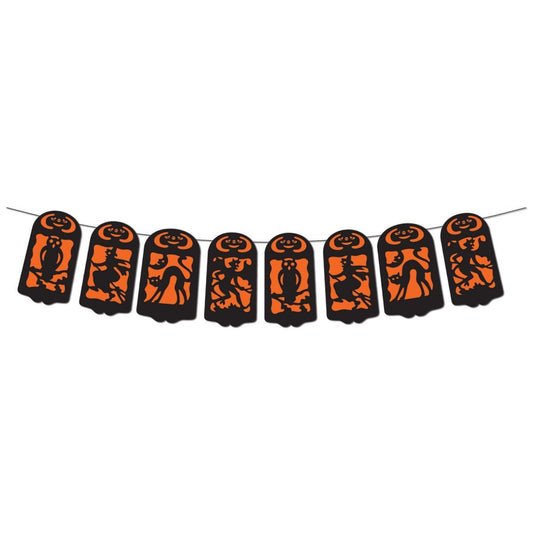 Beistle Vintage Halloween Streamer – Retro Banner with Die-Cut Spooky Characters, Orange and Black Garland Decoration for Mantels, Walls and Parties, 7" x 6'