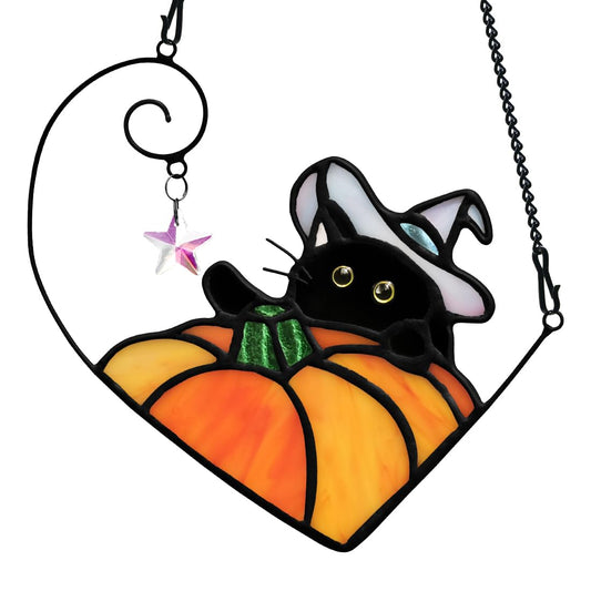 BOXCASA Black Cat Stained Glass Suncatcher, Halloween Pumpkin Witch Gifts