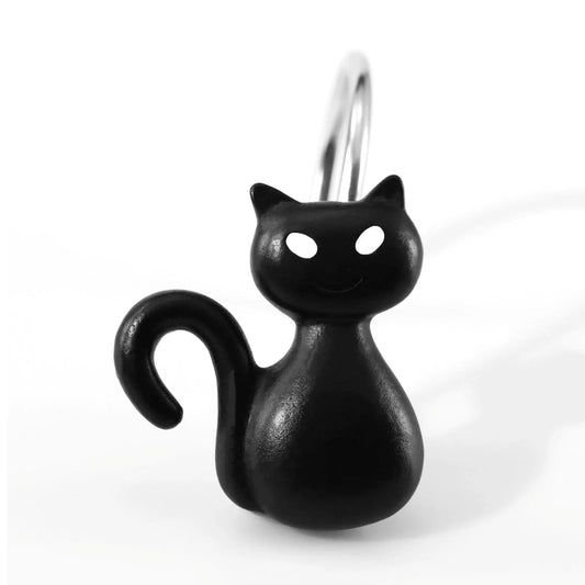 Halloween Black Cat Shower Curtain Hooks：12 Pcs Cute Spooky Gothic Cat Design with Rustproof Stainless Steel Rings - Haunted House Witchy Ghost Horror Theme Decorative Hooks for Bathroom Bedroom Décor