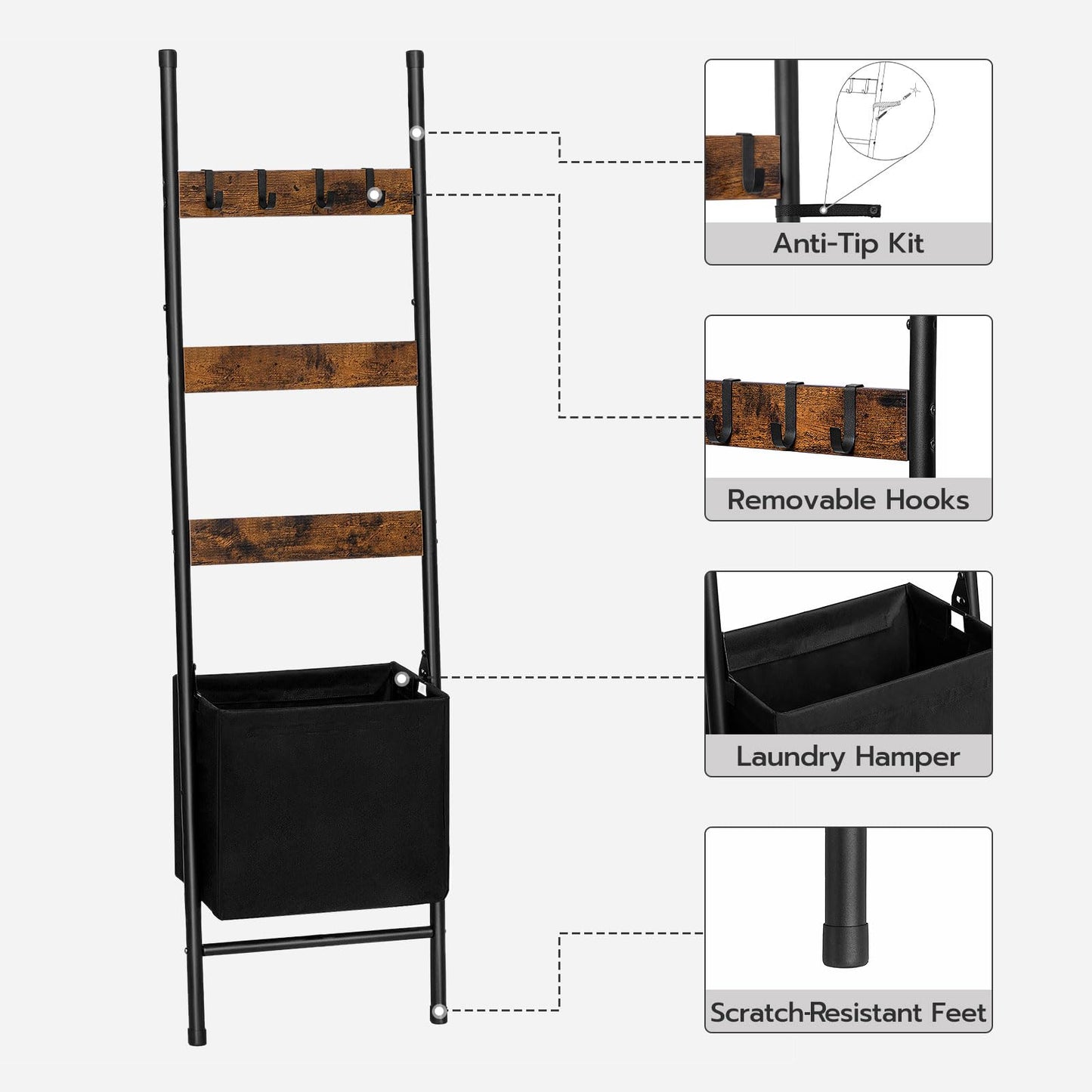 HOOBRO Blanket Ladder with Basket, Towel Rack with Hooks, Blanket Holder Rack, Decorative Ladder Shelf, Drying and Display Rack for Bathroom, Living Room, Rustic Brown BF52-31CJ01