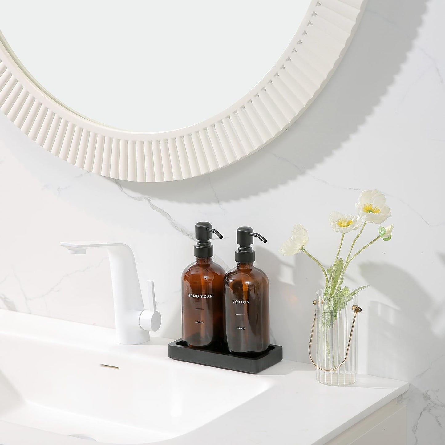 Prus Waso Amber Glass Soap Dispenser Set, Hand Soap and Lotion Set with Black Stainless Steel Pump, Perfect for Modern Bathroom Decor. (Amber)