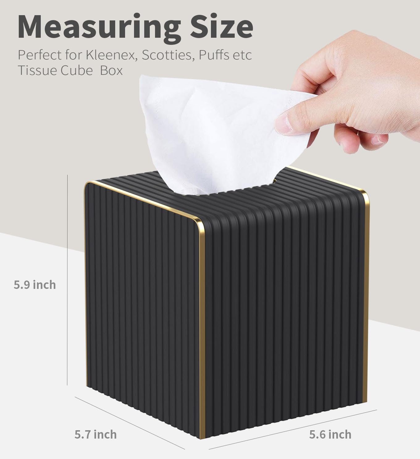 Tissue Box Cover Square with Magnetic Closure, PU Leather Tissue Box Holder with Gold-Tone Edging for Bathroom Vanity Countertop Night Stands Bedroom Office Desk, Modern Home Decor (Blacks)