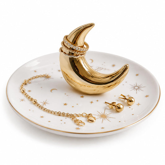 ChezMax Ceramic Moon Jewelry Tray Rings Dish Necklaces Earrings Holder Display Organizer Bracelets Plate Decoration