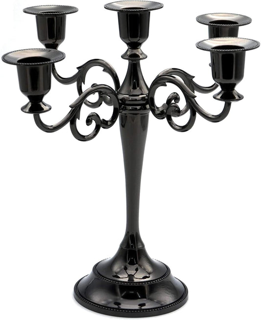 JEVIMORY Black Candelabra Candle Holders for Pillar Candles 10.6 inch Tall, 5 Candle Candlestick Holder for 1/2-1 inch Taper Candles Halloween Candelabra Decoration Easy Assembly (Black)