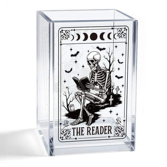 Mhfpl The Reader Acrylic Cosmetic Pencil Pen Holder Cup, Funny Bookworm Skeleton Theme Gifts for Bookworm Book Lover Reader Book Club Member College Student, Thank You Gifts for Librarian Teacher
