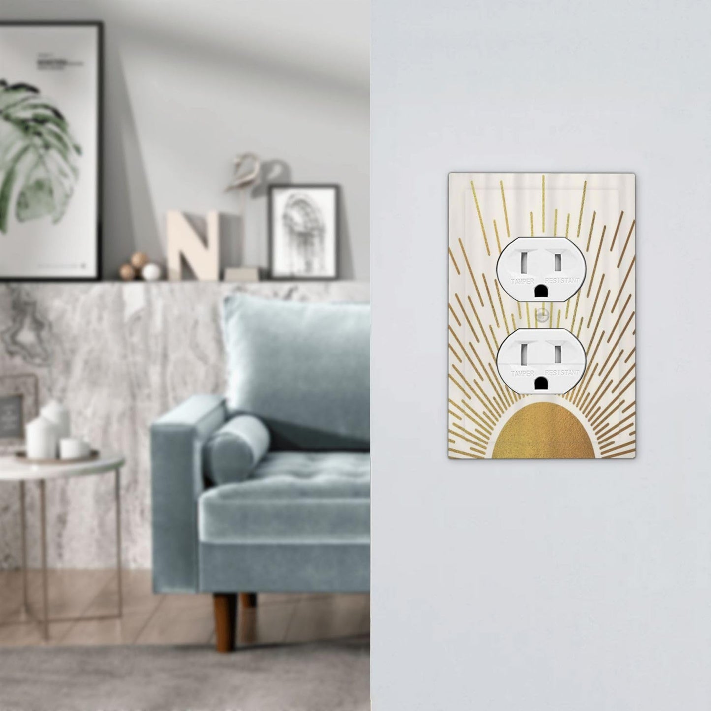 Mid Century Boho Abstract Sunrise Gold Sun 1 Gang Outlet Plate Decorative Single Duplex Wall Plate Covers Electrical Receptacle Light Switch Cover Art Faceplate Switchplate for Country Bedroom Decor