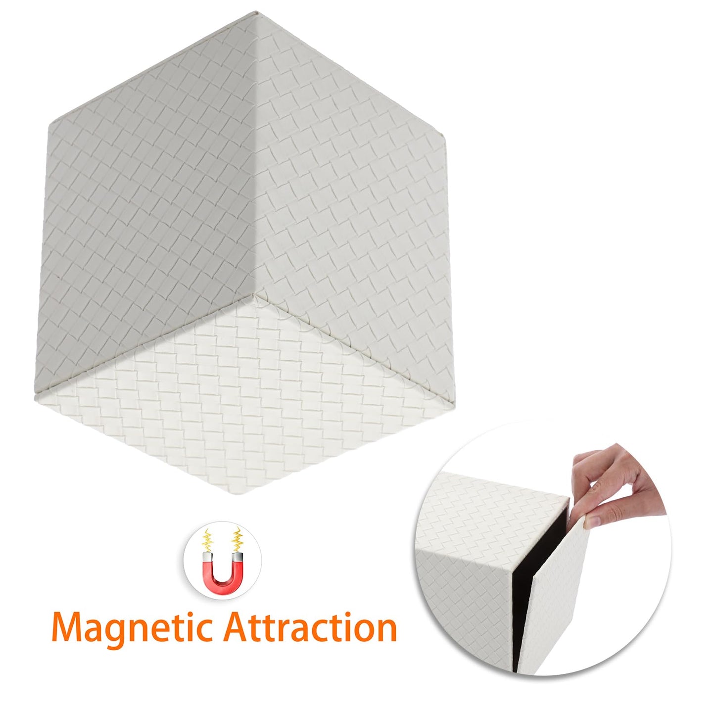 Sumnacon Tissue Box Cover Square Tissue Box Stylish PU Woven Lozenge Pattern Tissue Box Holder with Magnetic Bottom,Cube Leather Tissue Cover for Living Room Bathroom Table Desk Home Office Car,White
