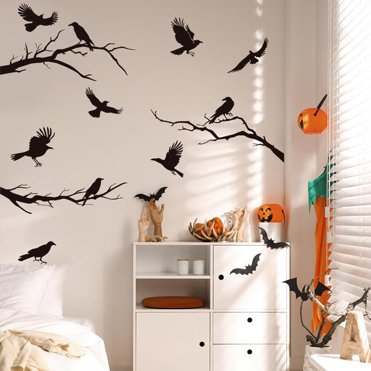 Raven Peel and Stick Wall Stickers - Black Crows, Winter Branches, Halloween Tree Branch Designs - Removable Vinyl Decals