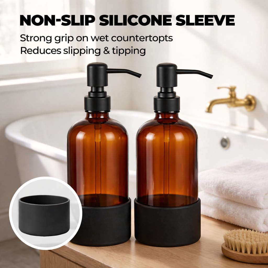 Homepicker 16 oz Hand and Dish Soap Dispenser Set for Kitchen and Bathroom, 500ml Amber Glass Soap Dispenser with Stainless Steel Pump, Non-Slip Silicone Sleeves, Labels - 2 Pack