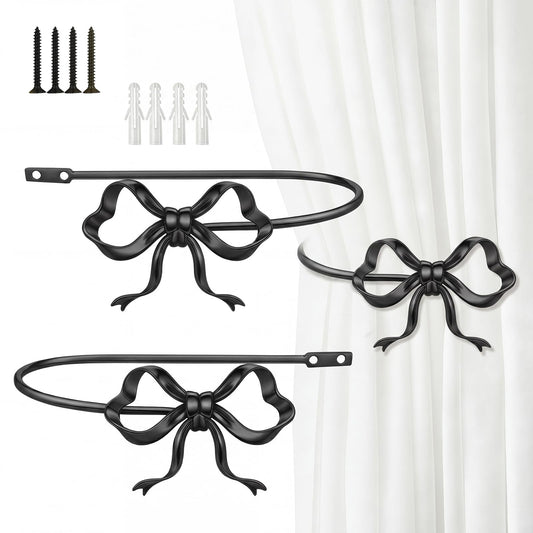 Otoolling 2 Pack Black Metal Bow Curtain Holdbacks Wall Mounted Curtain Hold Backs Curtains Modern Tiebacks Decorative Window Drapery Tiebacks with Bow Finials for Living Room Bedroom Office Home