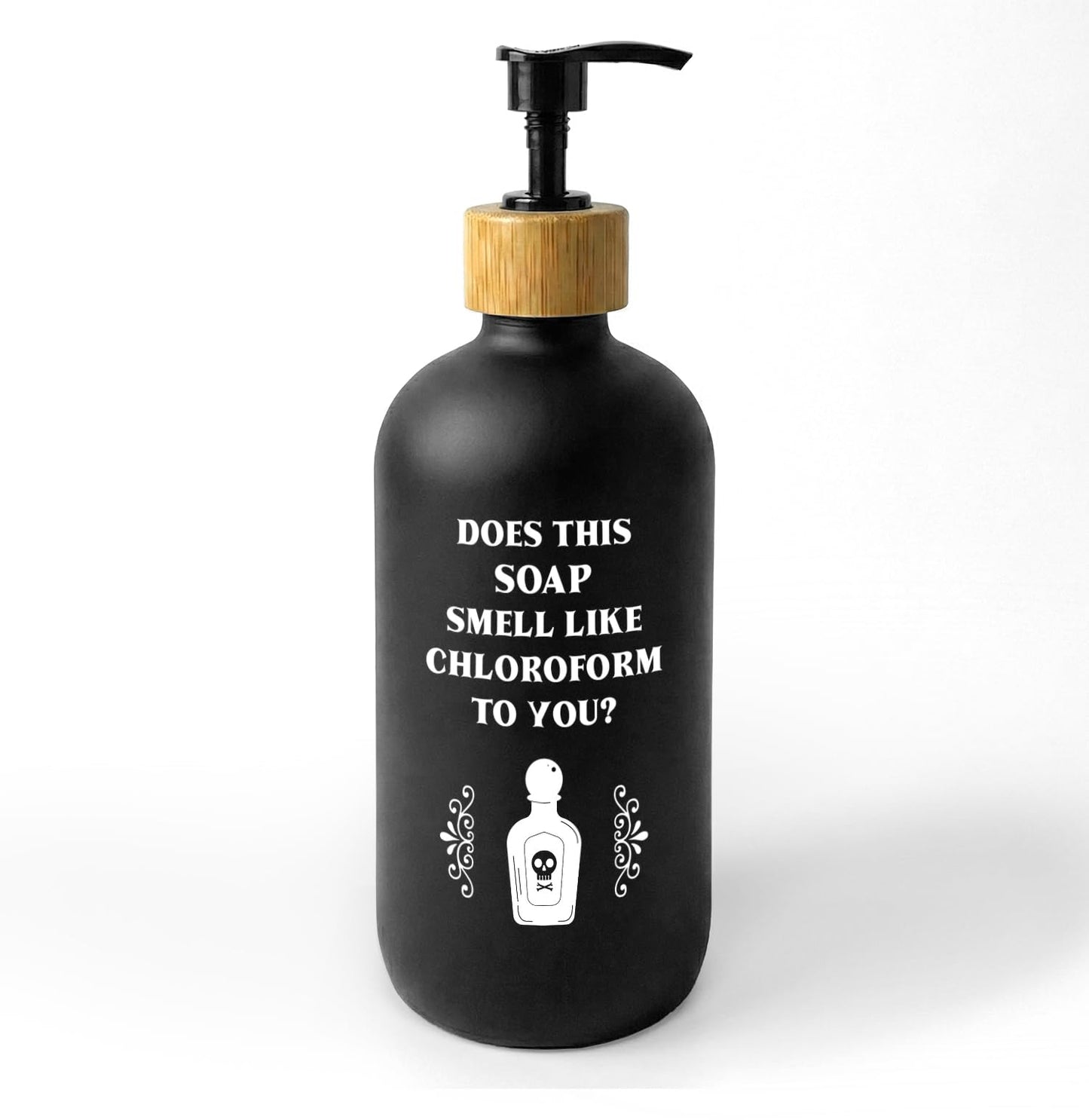 ChissNook Funny Gothic Soap Dispenser, Does This Smell Like Chloroform to You Glass Dish Soap Dispenser with Pump for Kitchen, Funny Bathroom Countertop Handsoap Refillable Container