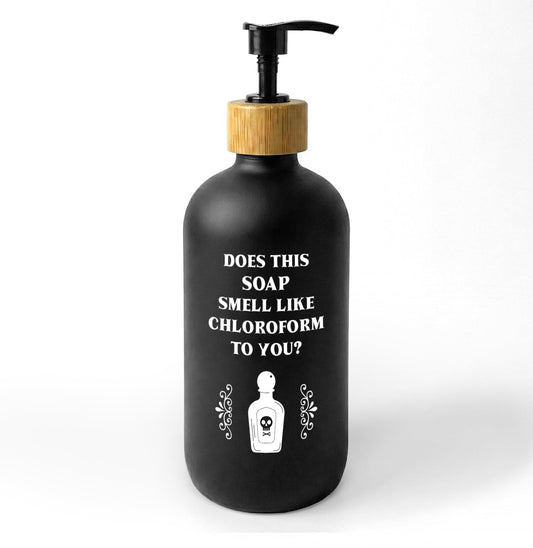 ChissNook Funny Gothic Soap Dispenser, Does This Smell Like Chloroform to You Glass Dish Soap Dispenser with Pump for Kitchen, Funny Bathroom Countertop Handsoap Refillable Container