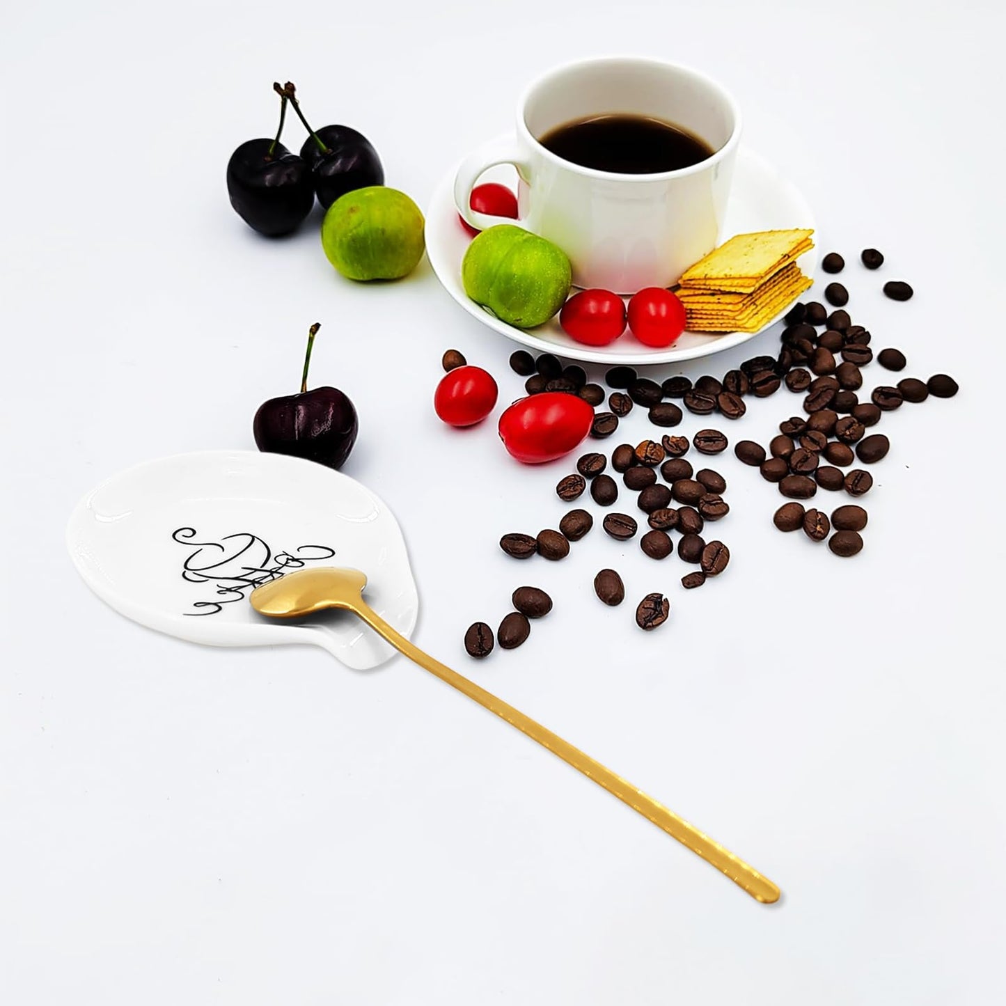 Coffee Spoon Rest Set of 2, Monogram Ceramic Spoon Holder with Matching Coffee Spoons, Cute Spoon Rest for Kitchen & Coffee Bar, Thoughtful Gift for Coffee Lovers, Anniversary & Friends