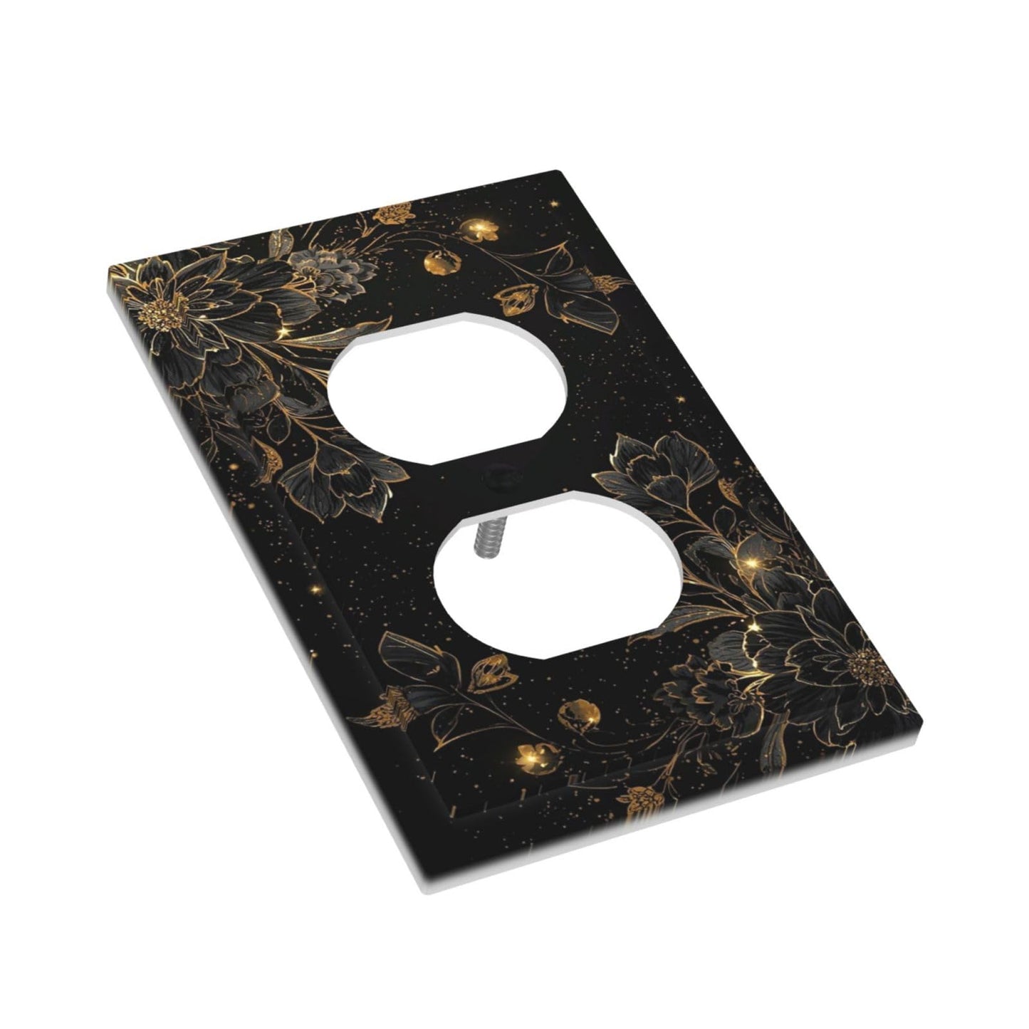 Oudediam Outlet Covers Gold Black Floral With Glittering Starry 1 Gang Duplex Decorative Switch Plate Covers Light Switch Cover Plate Electrical Socket Cover For Bedroom Home Decor