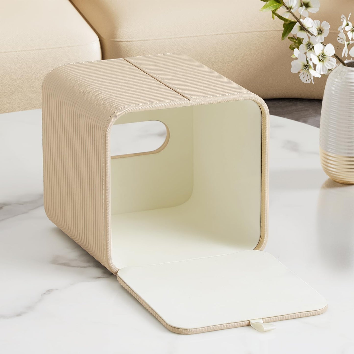 Tissue Box Cover Square with Magnetic Closure, PU Leather Tissue Box Holder for Bathroom NightStands Livingroom, Decorative Modern Square Tissue Holder (Beige Thin Stripes)