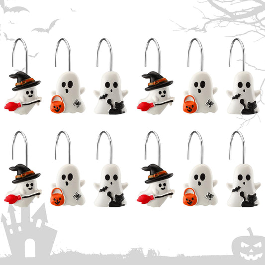 Colingmill 12 Pcs Halloween Ghost Shower Curtain Hooks Xmas Shower Curtain Hooks Halloween Bathroom Decor Rings for Bathroom Bedroom