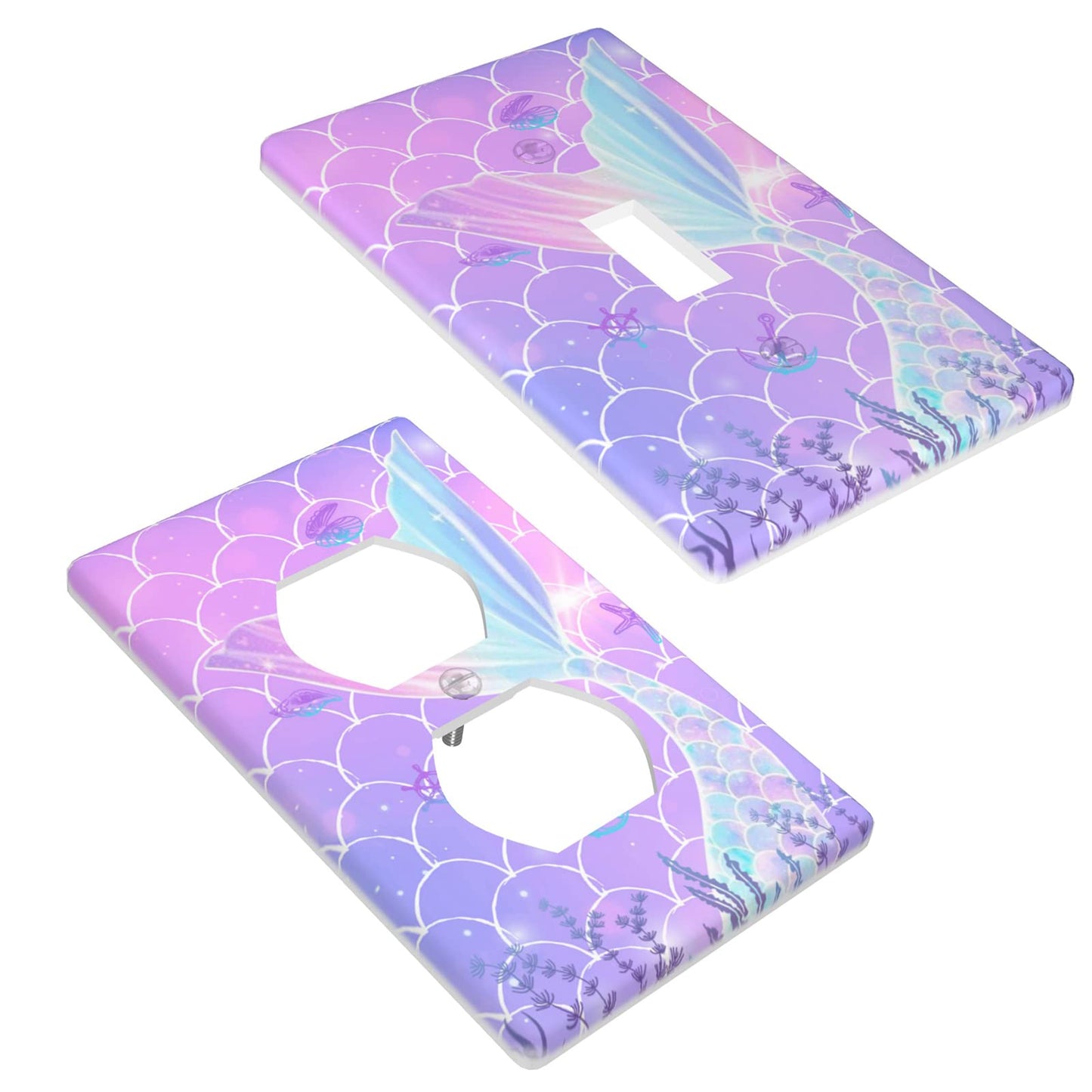 2 Pcs Mermaid Wall Plates Light Switch Cover Cute Decorative Outlet Cover for Girls Boys Bedroom Kitchen Home Bathroom Living Room(Single Toggle Duplex Outlet)