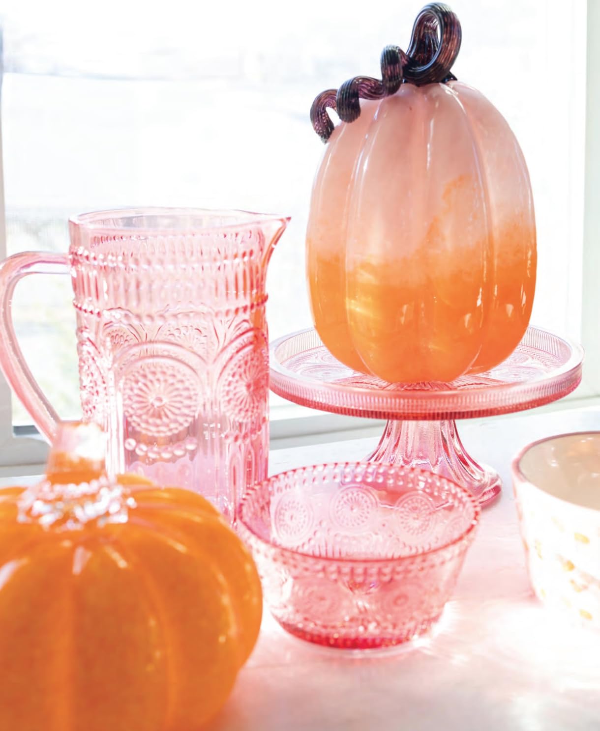 Boston International Handblown Art Glass Pumpkin Thanksgiving Halloween Decorations for Home, Large, Ombre Pink & Orange