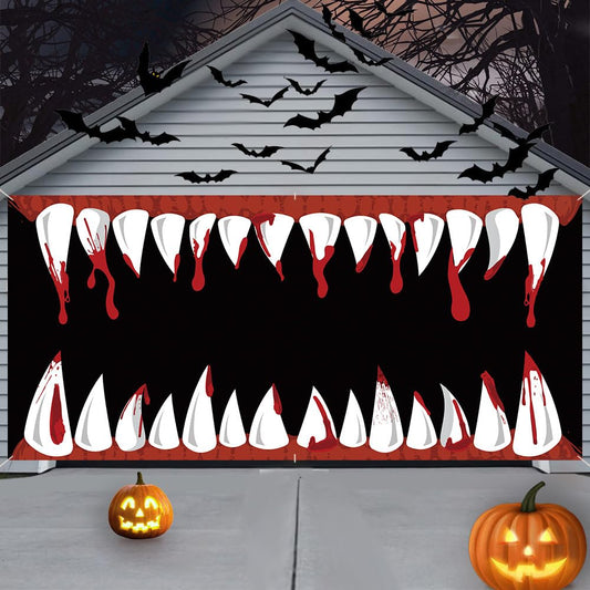 AIBIIN 13x6ft Halloween Garage Door Decorations Monster Garage Door Cover Banner Tooth Backdrop Holiday Garage Banner Halloween Party Decorations for Home Outdoor Wall Yard Door Decorative