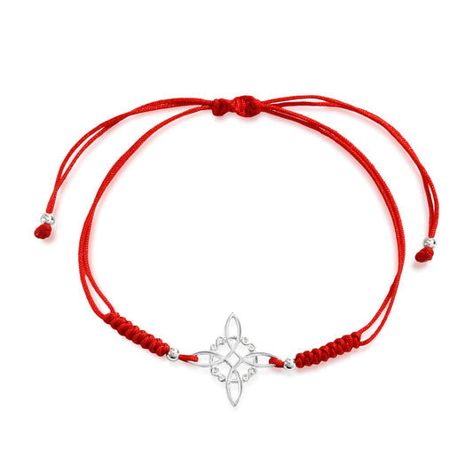 AeraVida Adjustable Red Witches Knot Bracelet with Sterling Silver Flower Charm – 19mm Symbol Centerpiece, Cotton Rope Band 6 to 9 Inches, Sliding Knot Closure