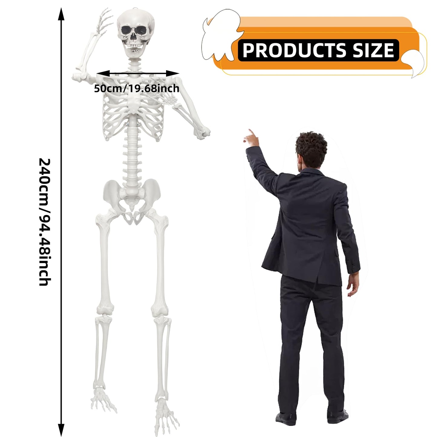 7.8Ft Giant Skeleton Life Size Realistic Plastic Human Skeleton with Movable Joints for Halloween Front Lawn Decorations