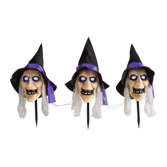 Fun Express 3 Pieces 2 ft. Light-Up Witch Head Yard Stake Halloween Decorations