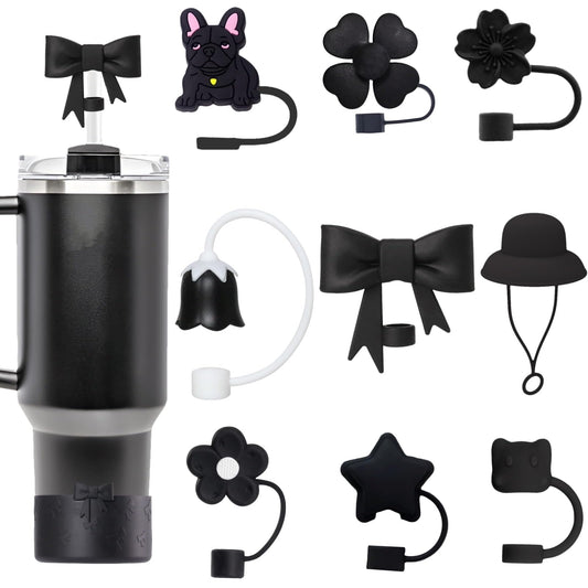 SCRMROIA 10 Packs 3D Mixed Straw Toppers & Bow Cup Boot Set, Compatible with Stanley Cup 30&40 Oz, Soft Silicone Accessories, Covers Fit 0.4in/10mm Straw, Dust Proof Anti-Scratch (Black Series)